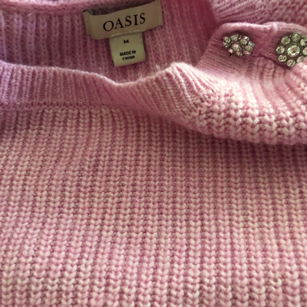 Oasis Light Pink Crew Sweater with Jewel Buttons